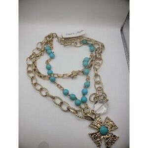 New Ethyl Myrtle Gold Tone Multi Strand Necklace Blue Bead Cross Jewelry Costume